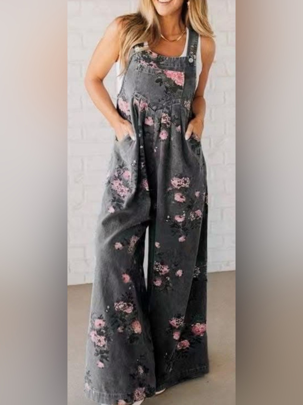 Vintage-Inspired Gray Floral Wide-Leg Overalls